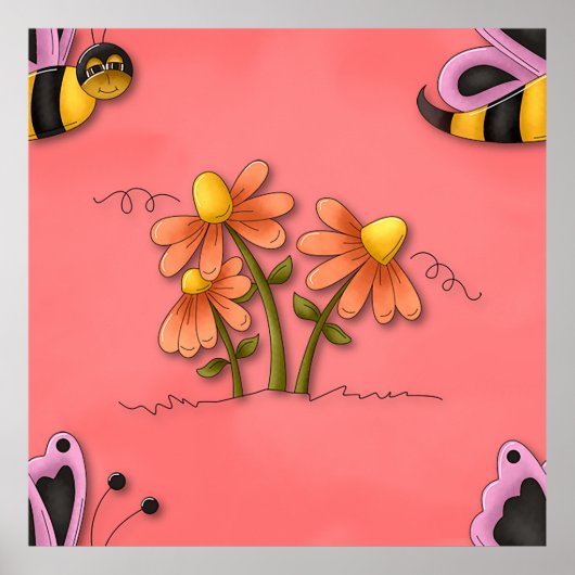 Schattigee bij en bloemenroze voorjaarstuin poster (Voorkant)