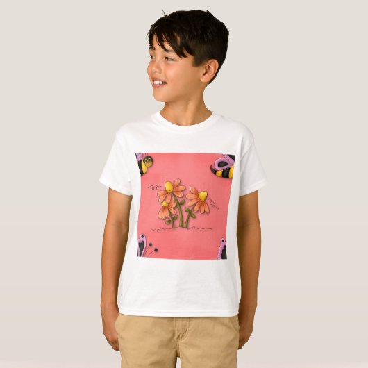 Schattigee bij en bloemenroze voorjaarstuin t-shirt (Voorkant volledig)
