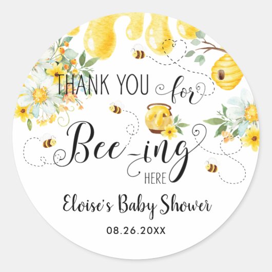 Schattigee Bijen Bloemen Verjaardag Baby shower Fa Ronde Sticker (Voorkant)