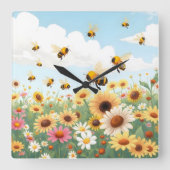 Schattigee bijen en bloemen illustratie vierkante klok (Voorkant)