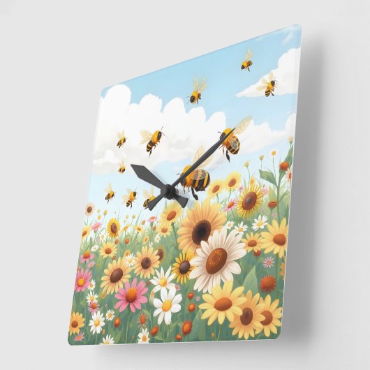 Schattigee bijen en bloemen illustratie vierkante klok (Hoek)