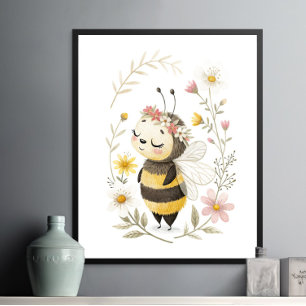 Schattigee bijen en bloemen Poster