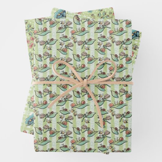 Schattigee bijen, vlinders, bloemen en lieveheersb inpakpapier vel (In situ)