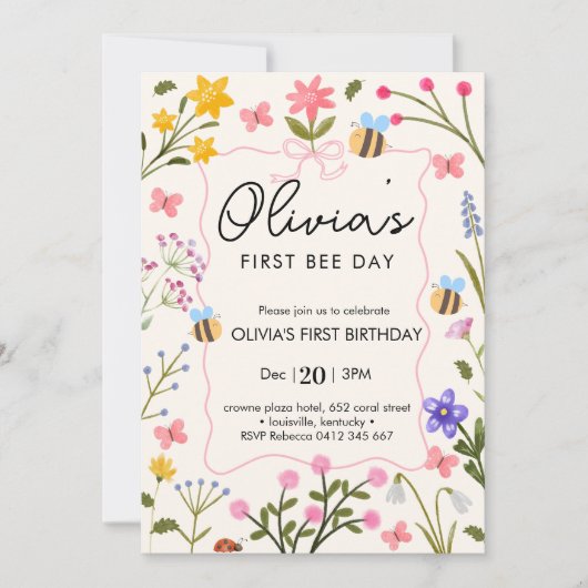 Schattigee bijen wilde bloemen eerste verjaardag kaart (Voorkant)