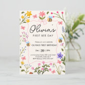 Schattigee bijen wilde bloemen eerste verjaardag kaart (Staand voorkant)