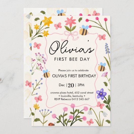 Schattigee bijen wilde bloemen eerste verjaardag kaart (Voorkant / Achterkant)