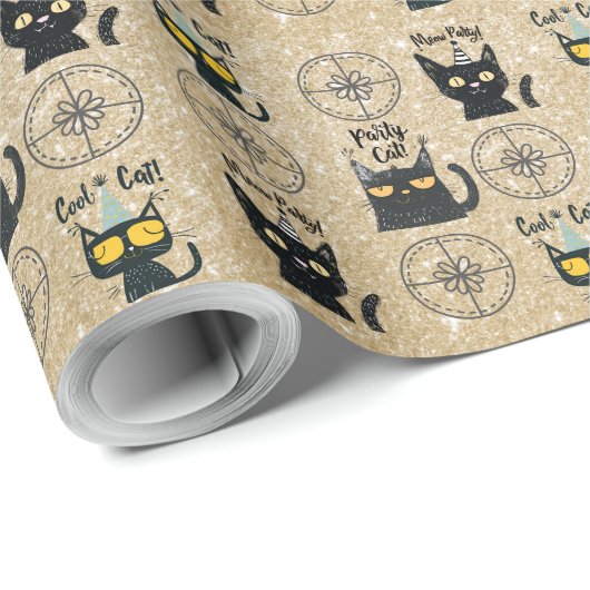 Schattigee Black Cat en Cadeau-Gold Glitter-Meow P Cadeaupapier (Rol Hoek)
