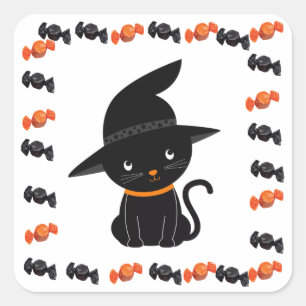 Schattigee Black Cat in Witch's Pet met Halloween Vierkante Sticker