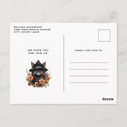 Schattigee Black Cat Witch's Pet Verjaardagsuitnod Briefkaart (Achterkant)