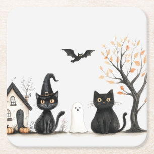 Schattigee Black Cats Halloween Party Kartonnen Onderzetters