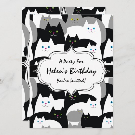 Schattigee Black White en Grey Cats Verjaardagsfee Kaart (Voorkant / Achterkant)