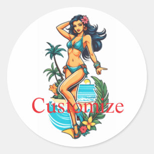 Schattigee Blackhaired Bikini Beach Girl Thunder_C Ronde Sticker