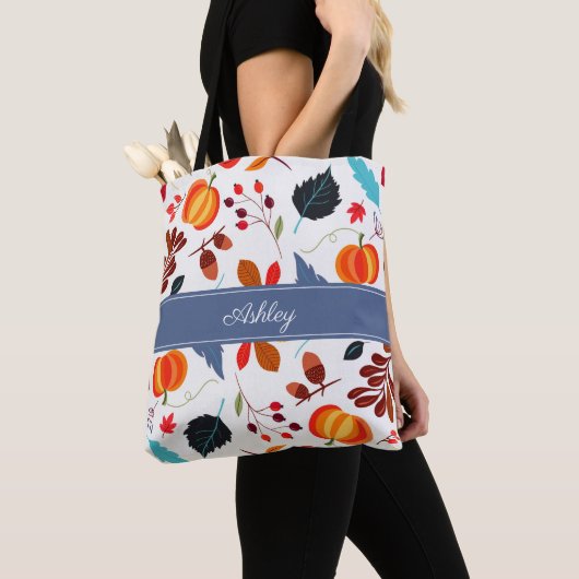 Schattigee bladeren en pompoenpatroon tote bag (Dichtbij)