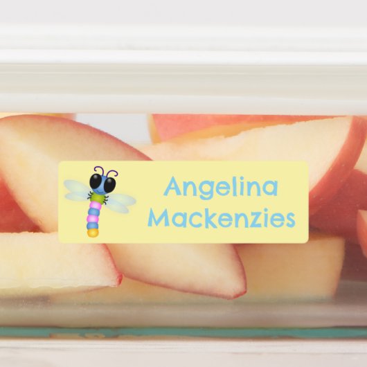 Schattigee blauw en roze libel cartoon gepersonali labels (Aangebracht)