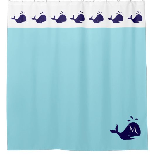 Schattigee Blauw-Wit Custom Initiaal Whale Douchegordijn (Voorkant)