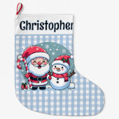 Schattigee blauw-witte Gingham Santa en Snowman Grote Kerstsok (Voorkant)