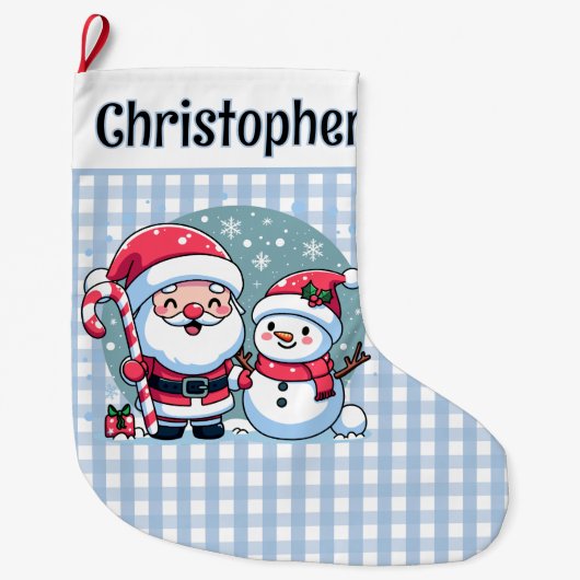 Schattigee blauw-witte Gingham Santa en Snowman Grote Kerstsok (Voorkant)