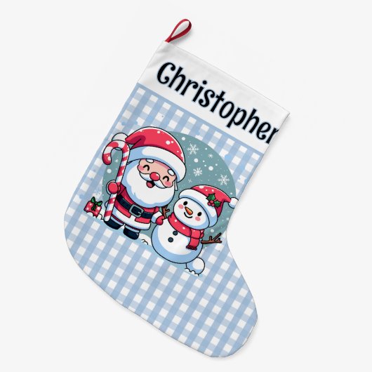 Schattigee blauw-witte Gingham Santa en Snowman Grote Kerstsok (Voorkant (Hangend))