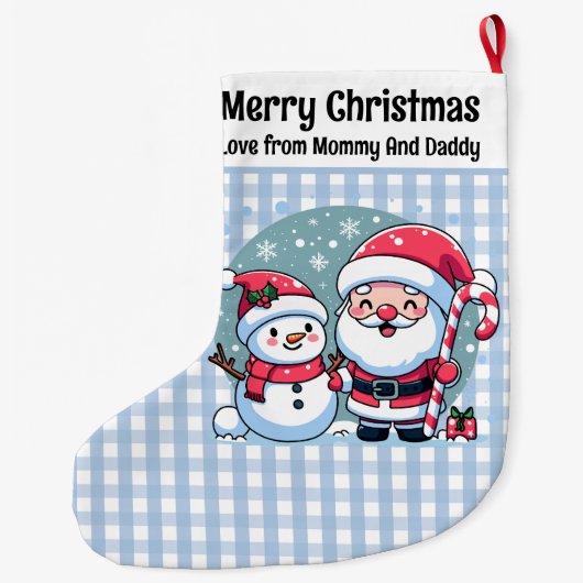 Schattigee blauw-witte Gingham Santa en Snowman Grote Kerstsok (Achterkant)