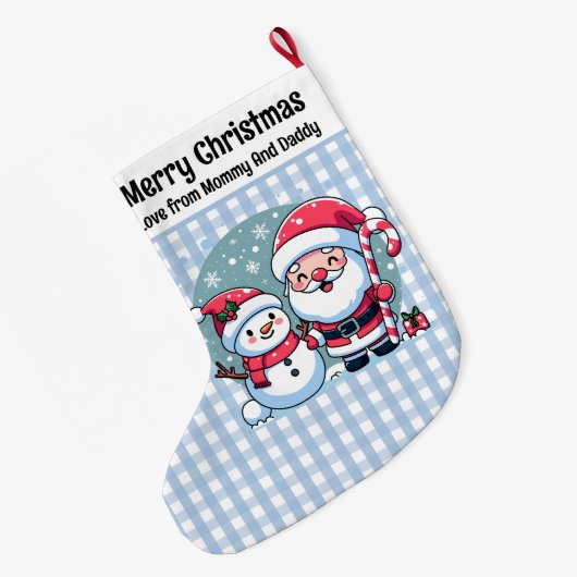 Schattigee blauw-witte Gingham Santa en Snowman Grote Kerstsok (Achterkant (Hangend))