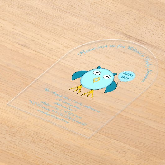 Schattigee Blauwe Baby Boy Uil Custom Baby shower  Acryl Uitnodigingen (Laagn)
