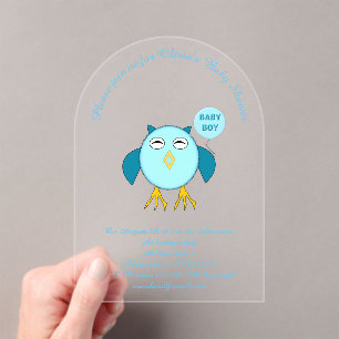 Schattigee Blauwe Baby Boy Uil Custom Baby shower Acryl Uitnodigingen