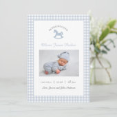 Schattigee Blauwe Baby foto Modern Birth Aankondiging (Staand voorkant)