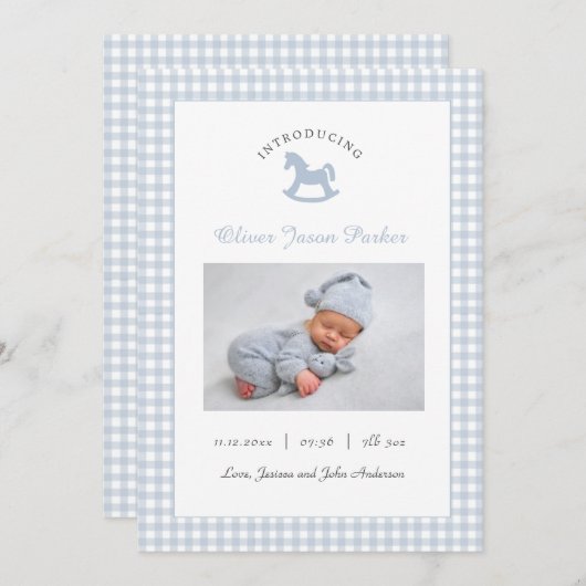 Schattigee Blauwe Baby foto Modern Birth Aankondiging (Voorkant / Achterkant)