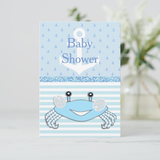 Schattigee Blauwe Baby Jongen Krab Beachy Douche I Kaart (Staand voorkant)