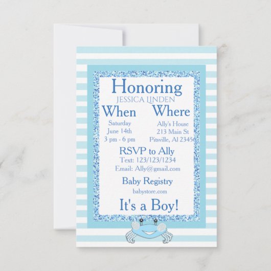 Schattigee Blauwe Baby Jongen Krab Beachy Douche I Kaart (Achterkant)