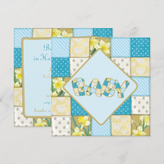 Schattigee Blauwe Baby Quilt Baby shower uitnodigi Kaart (Voorkant / Achterkant)