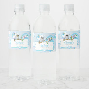 Schattigee Blauwe Baby Uilen Douchethema Waterfles Etiket