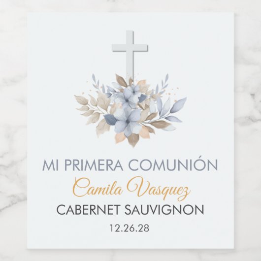Schattigee Blauwe Bloemen in Spaans Eerste Heilige Wijn Etiket (Enkel label)
