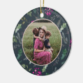 Schattigee Blauwe Bloemen Kerstfoto Keramisch Ornament (Links)