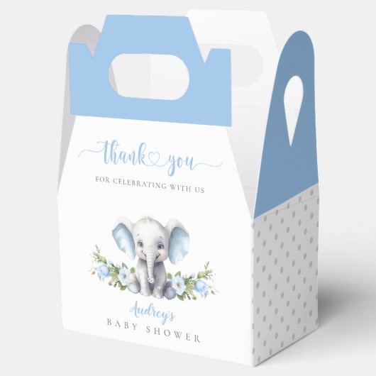 Schattigee Blauwe Bloemen Olifant Baby Boy Shower Bedankdoosjes (Geopend)
