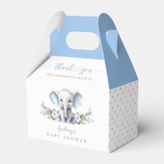 Schattigee Blauwe Bloemen Olifant Baby Boy Shower Bedankdoosjes (Voorkant Zijde)