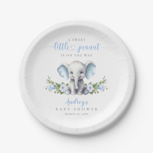 Schattigee Blauwe Bloemen Olifant Baby Boy Shower Papieren Bordje (Voorkant)