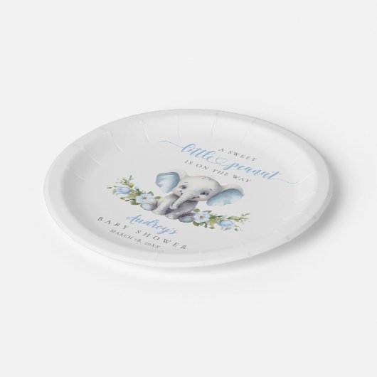 Schattigee Blauwe Bloemen Olifant Baby Boy Shower Papieren Bordje (Gekanteld)