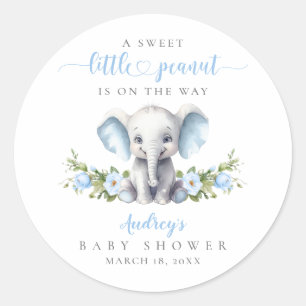 Schattigee Blauwe Bloemen Olifant Baby Boy Shower Ronde Sticker