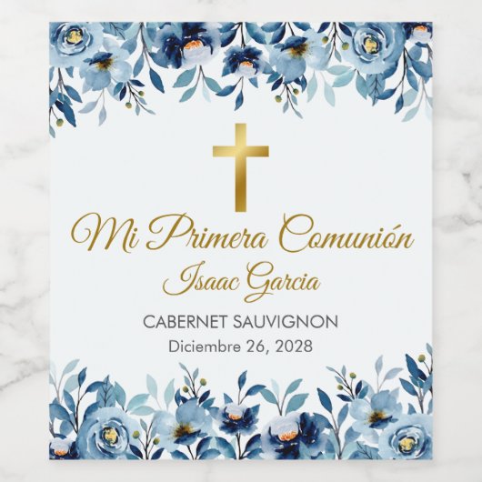 Schattigee Blauwe Bloemen Spaans Eerste Heilige Co Wijn Etiket (Enkel label)