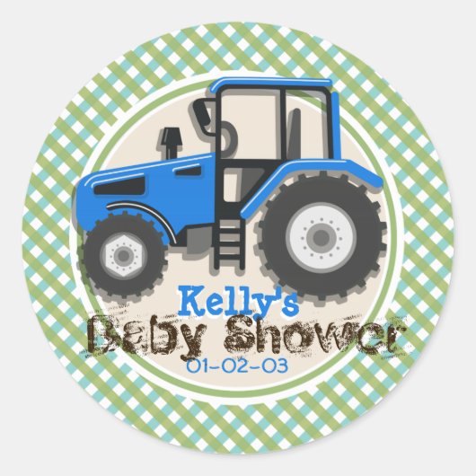 Schattigee Blauwe Boerderij Tractor; Groen Plaid B Ronde Sticker (Voorkant)