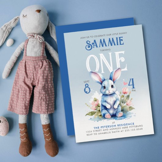 Schattigee Blauwe Bunny Bloemen Verjaardagsfeest W Kaart