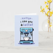 Schattigee Blauwe Cartoon Teacup Latte Pun Valenti Kaart (Gele Bloem)