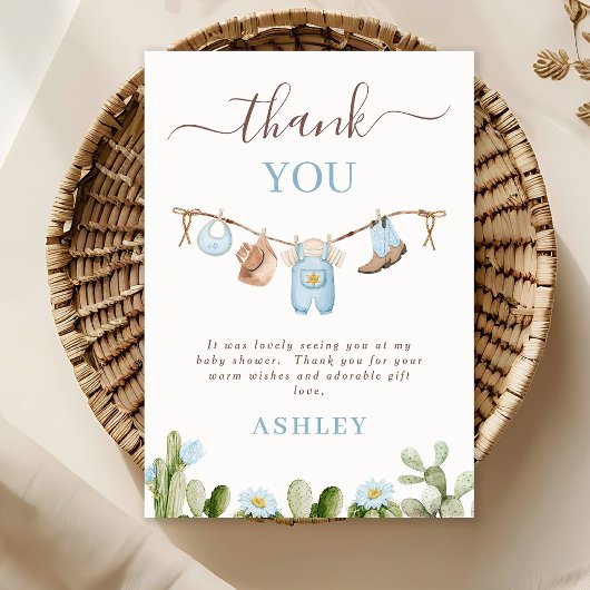 Schattigee Blauwe Clothesline Cactus Cowboy Baby s Bedankkaart