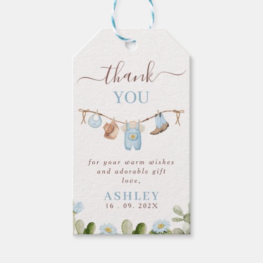 Schattigee Blauwe Clothesline Cactus Cowboy Baby s Cadeaulabel (Voorkant)