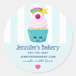 Schattigee Blauwe Cupcake met Kawaii Gezicht Zakel Ronde Sticker