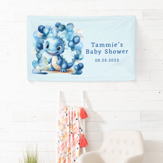 Schattigee Blauwe Dinosaurus En Ballonnen Jongen B Spandoek (Insitu)