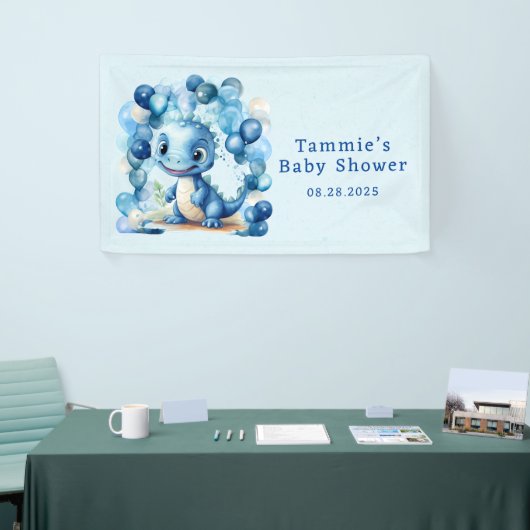 Schattigee Blauwe Dinosaurus En Ballonnen Jongen B Spandoek (Beurs)