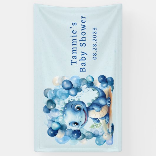 Schattigee Blauwe Dinosaurus En Ballonnen Jongen B Spandoek (Verticaal)