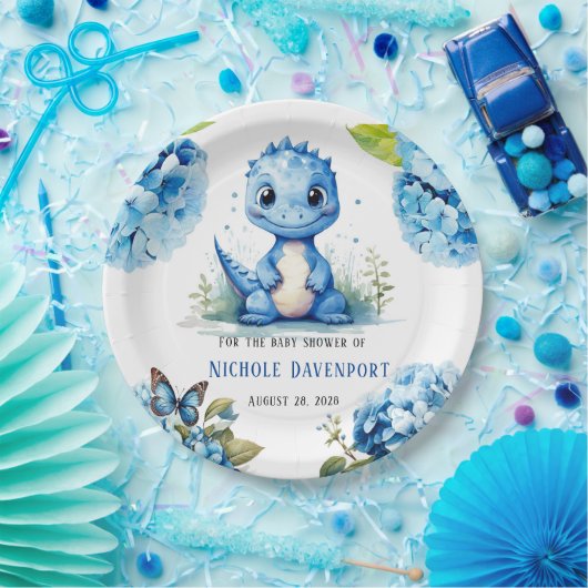 Schattigee Blauwe Dinosaurus met Bloemen Jongen Ba Papieren Bordje (Feest)